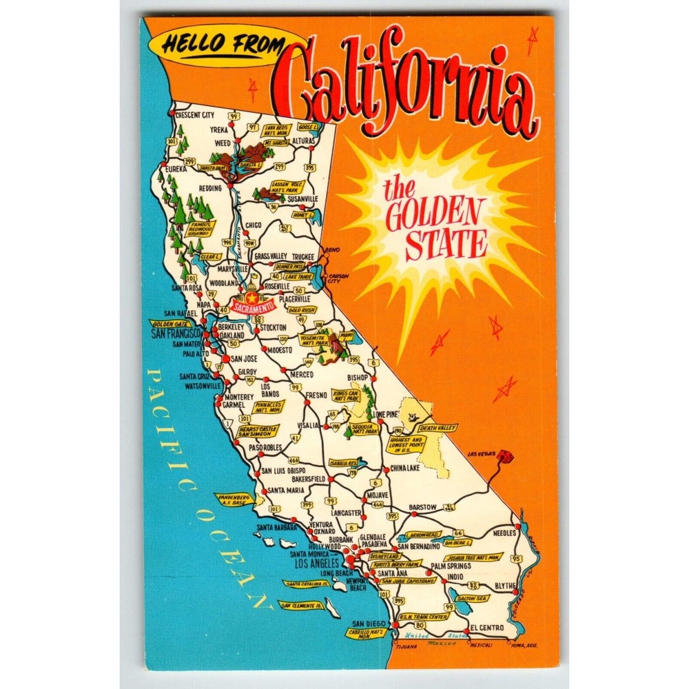 Greetings From California Map Postcard Chrome Golden State Unused Coast Beaches